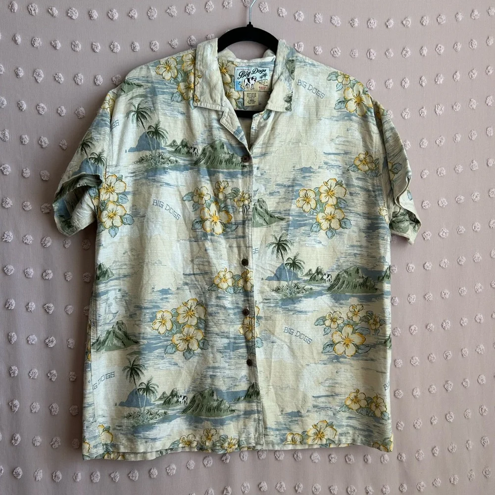 Men’s Big Dog Vintage Cotton Blend Short Sleeve Button Down Hawaiian Shirt Sz L‎